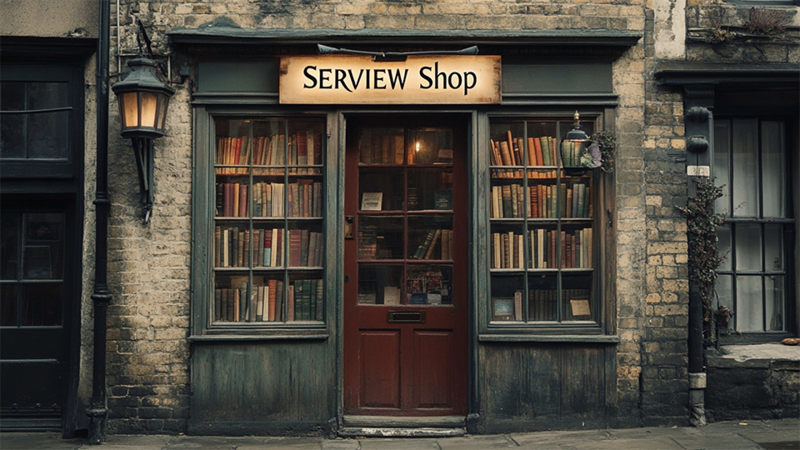 SERVIEW Shop für Bücher, Poster und Prüfungsverlängerungen Grafik SERVIEW Shop Schild am Buch laden