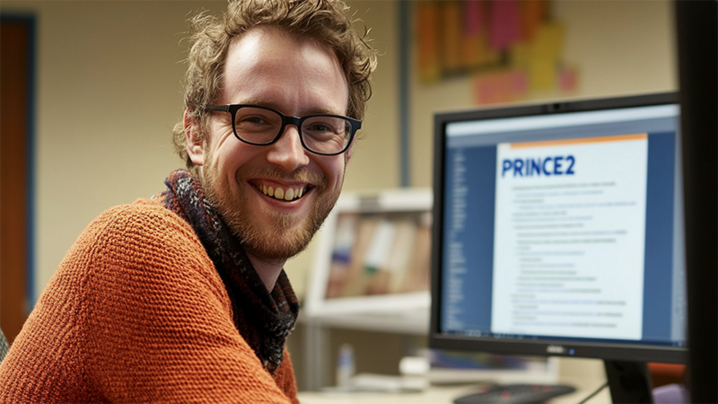 e-Learning-Kurse für PRINCE2 Programme Management (MSP) und PRINCE2 Risk Management (M_o_R) verfügbar Grafik Lächelnder Mann vor Bildschirm mit orangenem Pullover
