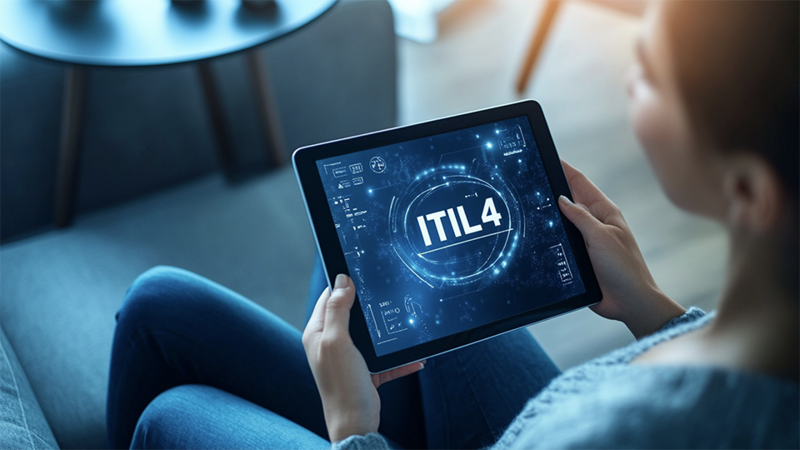 Wir bieten jetzt alle ITIL 4 Practice Manager Schulungen als e-Learning-Kurse an Grafik ITIL4 auf Tablet
